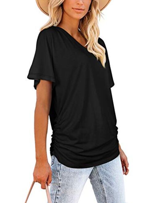 WIHOLL Womens Short Sleeve V Neck Dolman Tops with Side Shirring Loose Fit Shirts