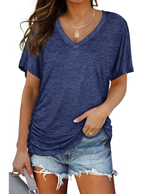 WIHOLL Womens Short Sleeve V Neck Dolman Tops with Side Shirring Loose Fit Shirts