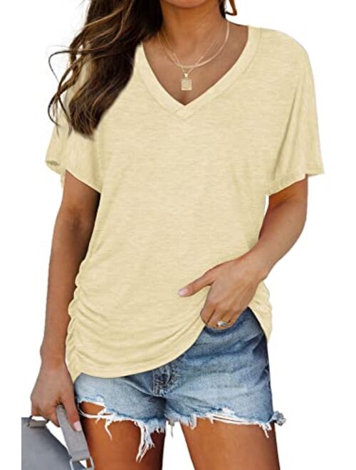 WIHOLL Womens Short Sleeve V Neck Dolman Tops with Side Shirring Loose Fit Shirts