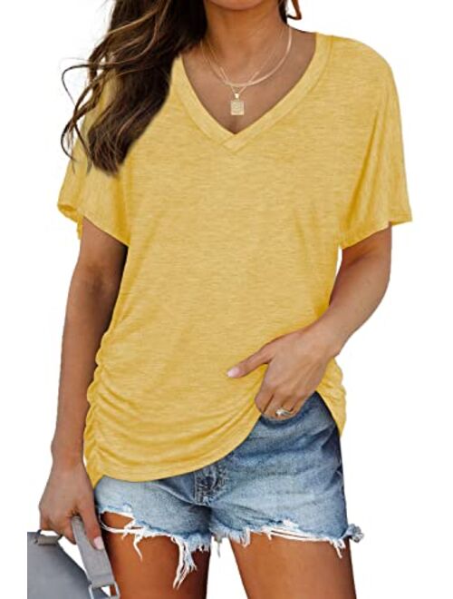 WIHOLL Womens Short Sleeve V Neck Dolman Tops with Side Shirring Loose Fit Shirts