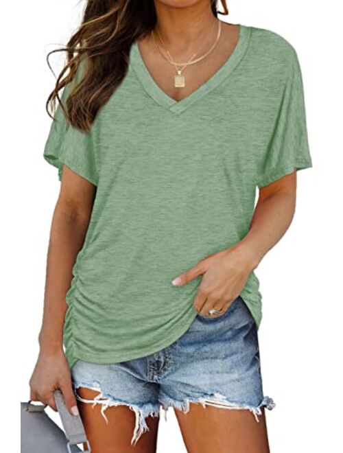 WIHOLL Womens Short Sleeve V Neck Dolman Tops with Side Shirring Loose Fit Shirts