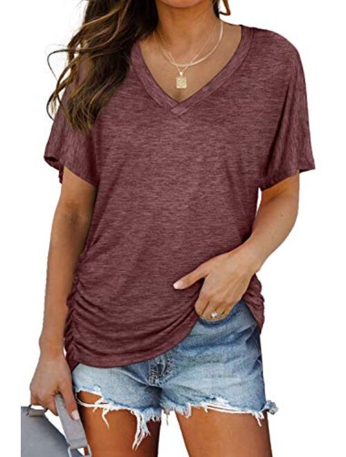 WIHOLL Womens Short Sleeve V Neck Dolman Tops with Side Shirring Loose Fit Shirts