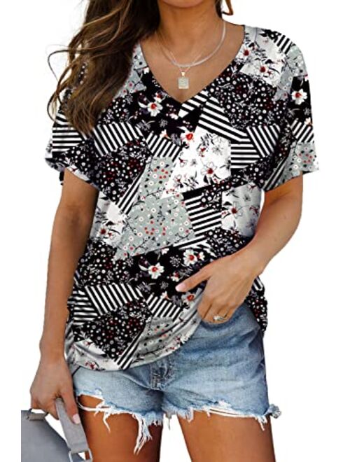 WIHOLL Womens Short Sleeve V Neck Dolman Tops with Side Shirring Loose Fit Shirts