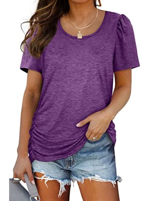 WIHOLL Womens Short Sleeve V Neck Dolman Tops with Side Shirring Loose Fit Shirts