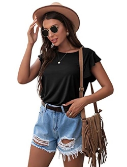 PrinStory Summer Tops Knit Shirts Casual Ruffle Short Sleeve Top Round Neck Tunic Tank Tops Tee Blouse for Women