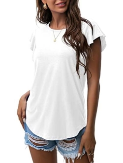 PrinStory Summer Tops Knit Shirts Casual Ruffle Short Sleeve Top Round Neck Tunic Tank Tops Tee Blouse for Women