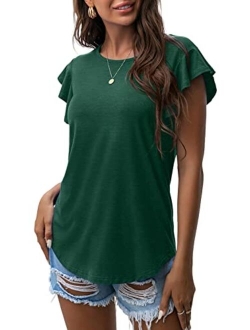 PrinStory Summer Tops Knit Shirts Casual Ruffle Short Sleeve Top Round Neck Tunic Tank Tops Tee Blouse for Women