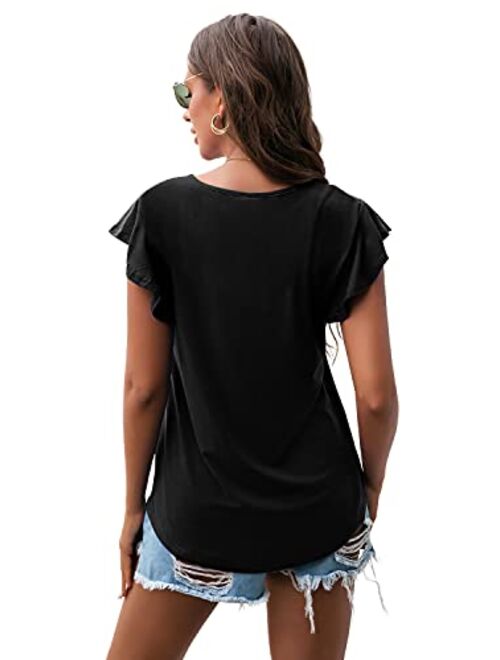 PrinStory Summer Tops Knit Shirts Casual Ruffle Short Sleeve Top Round Neck Tunic Tank Tops Tee Blouse for Women