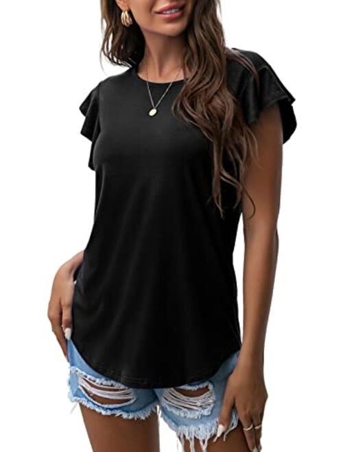 PrinStory Summer Tops Knit Shirts Casual Ruffle Short Sleeve Top Round Neck Tunic Tank Tops Tee Blouse for Women