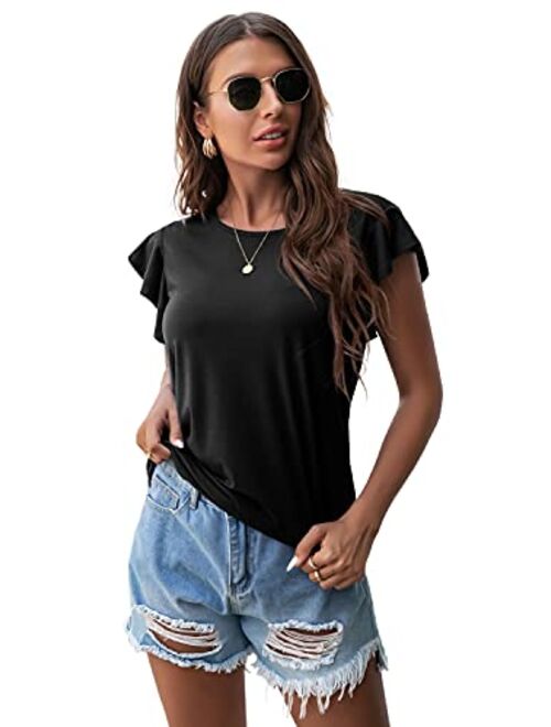 PrinStory Summer Tops Knit Shirts Casual Ruffle Short Sleeve Top Round Neck Tunic Tank Tops Tee Blouse for Women