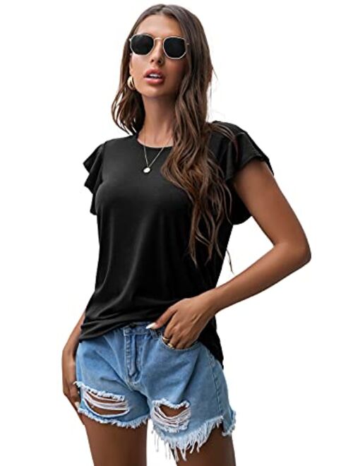 PrinStory Summer Tops Knit Shirts Casual Ruffle Short Sleeve Top Round Neck Tunic Tank Tops Tee Blouse for Women