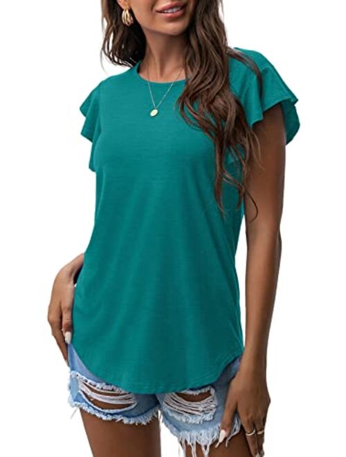 PrinStory Summer Tops Knit Shirts Casual Ruffle Short Sleeve Top Round Neck Tunic Tank Tops Tee Blouse for Women