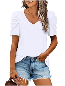 XIEERDUO Womens Summer Shirt V Neck Casual Tshirts Puff Sleeve Tops for Women Solid Color S-2XL