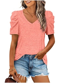 XIEERDUO Womens Summer Shirt V Neck Casual Tshirts Puff Sleeve Tops for Women Solid Color S-2XL