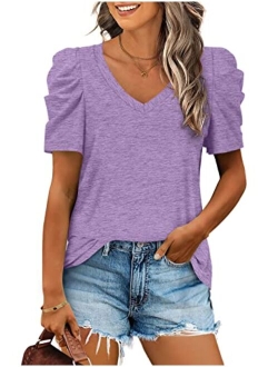 XIEERDUO Womens Summer Shirt V Neck Casual Tshirts Puff Sleeve Tops for Women Solid Color S-2XL