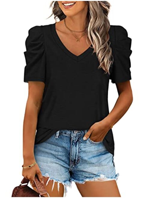 XIEERDUO Womens Summer Shirt V Neck Casual Tshirts Puff Sleeve Tops for Women Solid Color S-2XL