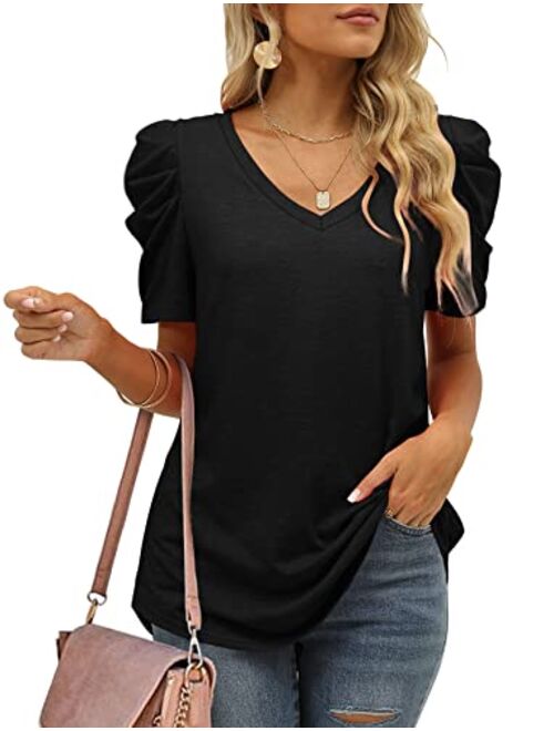 XIEERDUO Womens Summer Shirt V Neck Casual Tshirts Puff Sleeve Tops for Women Solid Color S-2XL