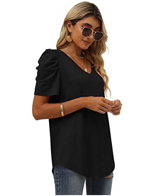 XIEERDUO Womens Summer Shirt V Neck Casual Tshirts Puff Sleeve Tops for Women Solid Color S-2XL