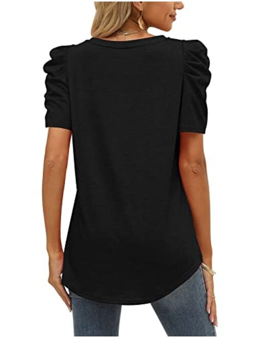 XIEERDUO Womens Summer Shirt V Neck Casual Tshirts Puff Sleeve Tops for Women Solid Color S-2XL