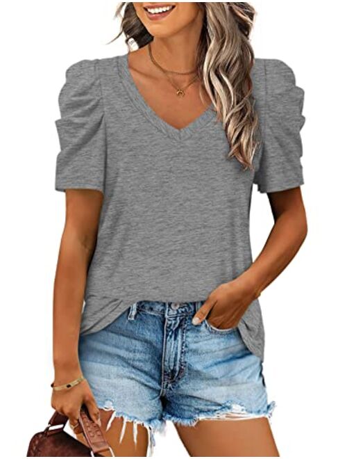 XIEERDUO Womens Summer Shirt V Neck Casual Tshirts Puff Sleeve Tops for Women Solid Color S-2XL