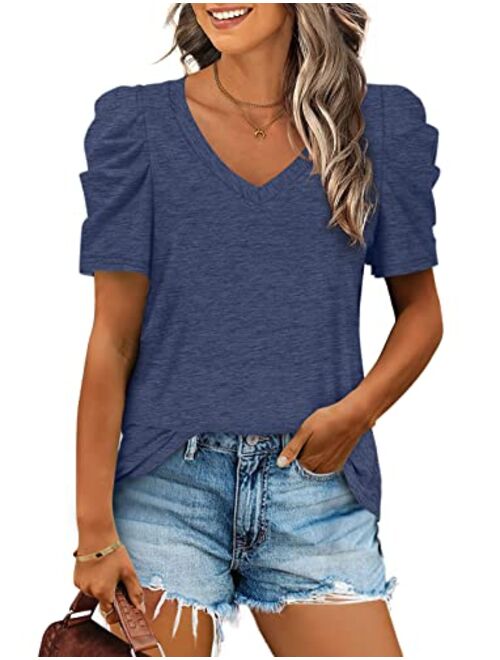 XIEERDUO Womens Summer Shirt V Neck Casual Tshirts Puff Sleeve Tops for Women Solid Color S-2XL