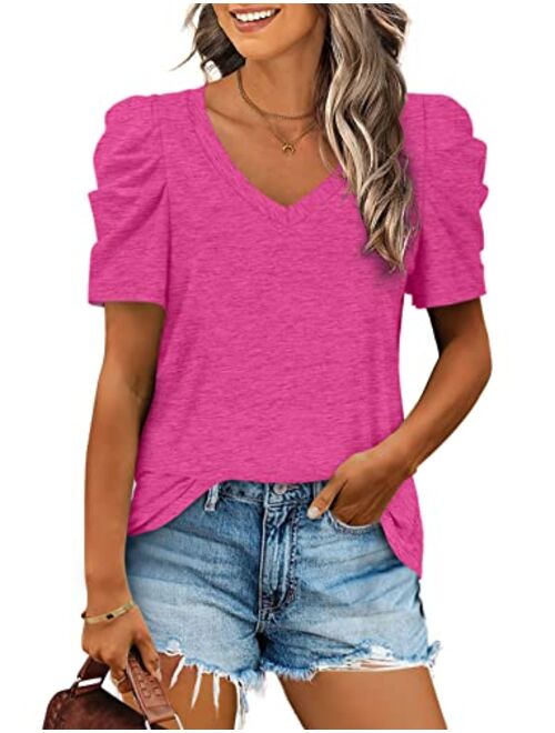 XIEERDUO Womens Summer Shirt V Neck Casual Tshirts Puff Sleeve Tops for Women Solid Color S-2XL