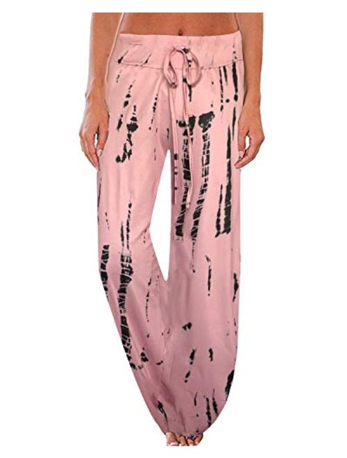 NEWCOSPLAY Women's Comfy Casual Stretch Floral Print High Waist Drawstring Palazzo Lounge Tie Dye Wide Leg Pants