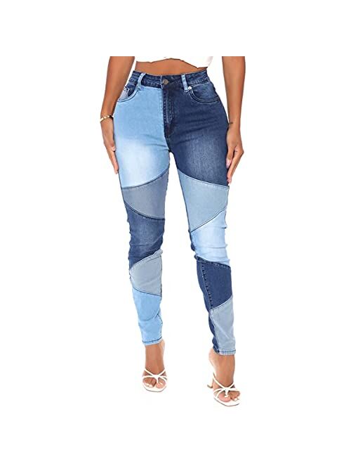 vanberfia Women Mid Waist Stretchy Patchwork Denim Pants Jeans