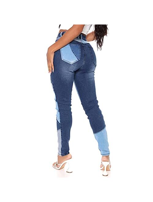 vanberfia Women Mid Waist Stretchy Patchwork Denim Pants Jeans