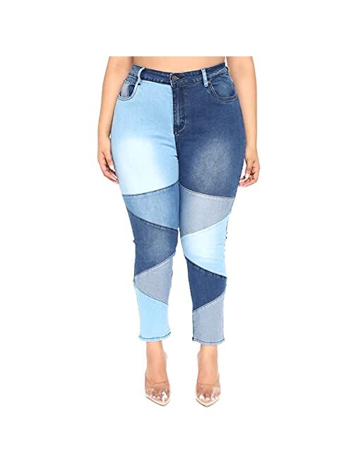 vanberfia Women Mid Waist Stretchy Patchwork Denim Pants Jeans