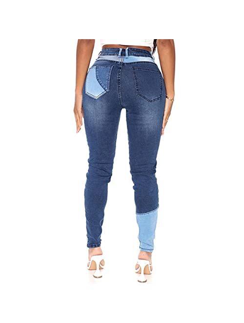 vanberfia Women Mid Waist Stretchy Patchwork Denim Pants Jeans