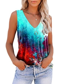 ETCYY Sleeveless Tank Tops for Women Summer Tops V Neck Tie Dye Cute Printed Loose Fit Workout Yoga Shirt