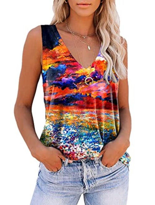 ETCYY Sleeveless Tank Tops for Women Summer Tops V Neck Tie Dye Cute Printed Loose Fit Workout Yoga Shirt