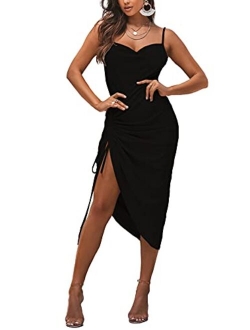 LYANER Women's Satin Spaghetti Straps Cowl Neck Sexy Ruch Cocktail Midi Dresses