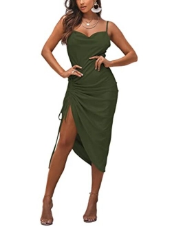 LYANER Women's Satin Spaghetti Straps Cowl Neck Sexy Ruch Cocktail Midi Dresses