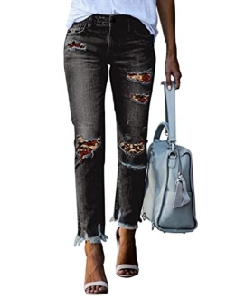 Women's Patchwork Destroyed Raw Hem Jeans Ripped Hole Boyfriend Denim Pants