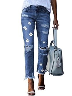 Women's Patchwork Destroyed Raw Hem Jeans Ripped Hole Boyfriend Denim Pants