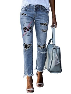 Women's Patchwork Destroyed Raw Hem Jeans Ripped Hole Boyfriend Denim Pants