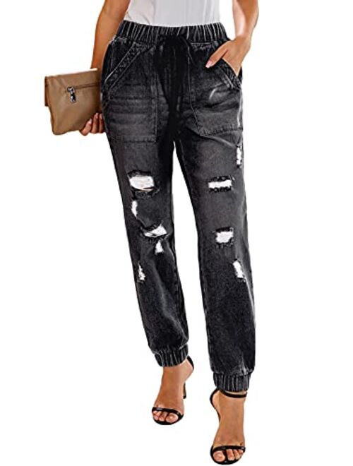 Dokotoo Women's Patchwork Destroyed Raw Hem Jeans Ripped Hole Boyfriend Denim Pants