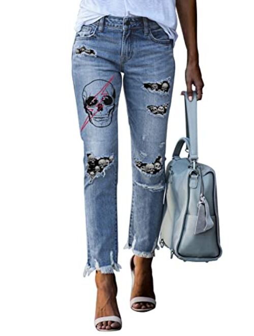 Dokotoo Women's Patchwork Destroyed Raw Hem Jeans Ripped Hole Boyfriend Denim Pants