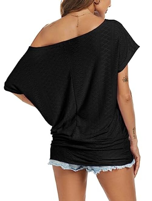 Poetsky Women's Off Shoulder Tops Casual Loose Shirt Batwing Sleeve Tunics Blouse