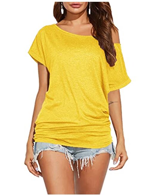 Poetsky Women's Off Shoulder Tops Casual Loose Shirt Batwing Sleeve Tunics Blouse