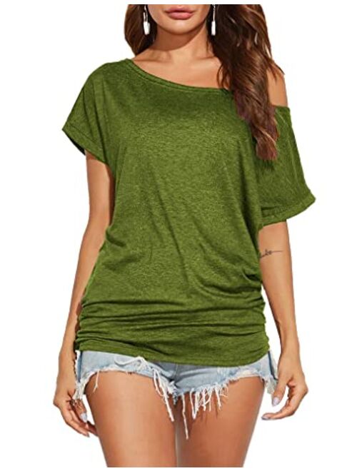 Poetsky Women's Off Shoulder Tops Casual Loose Shirt Batwing Sleeve Tunics Blouse