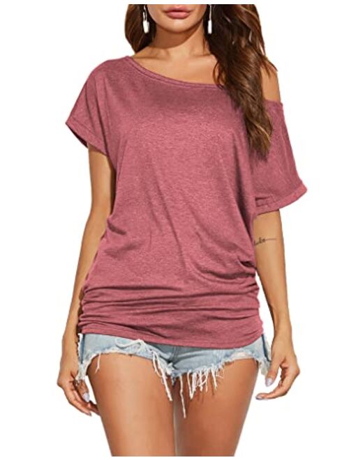 Poetsky Women's Off Shoulder Tops Casual Loose Shirt Batwing Sleeve Tunics Blouse