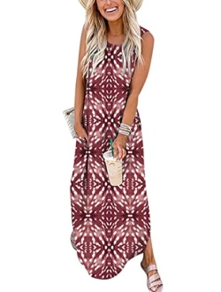 Women's Casual Loose Sundress Long Dress Sleeveless Split Maxi Dresses Summer Beach Dress with Pockets