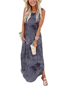 Women's Casual Loose Sundress Long Dress Sleeveless Split Maxi Dresses Summer Beach Dress with Pockets