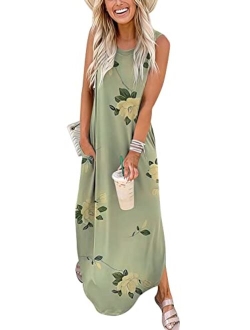 Women's Casual Loose Sundress Long Dress Sleeveless Split Maxi Dresses Summer Beach Dress with Pockets