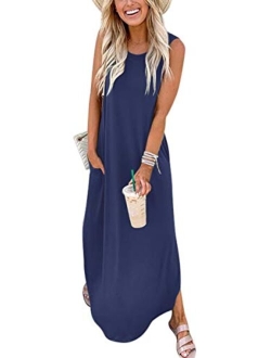 Women's Casual Loose Sundress Long Dress Sleeveless Split Maxi Dresses Summer Beach Dress with Pockets