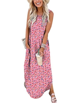 Women's Casual Loose Sundress Long Dress Sleeveless Split Maxi Dresses Summer Beach Dress with Pockets