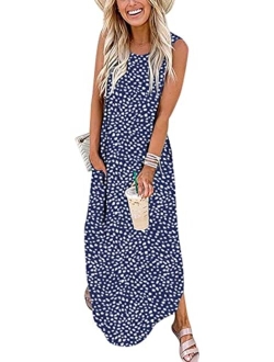 Women's Casual Loose Sundress Long Dress Sleeveless Split Maxi Dresses Summer Beach Dress with Pockets